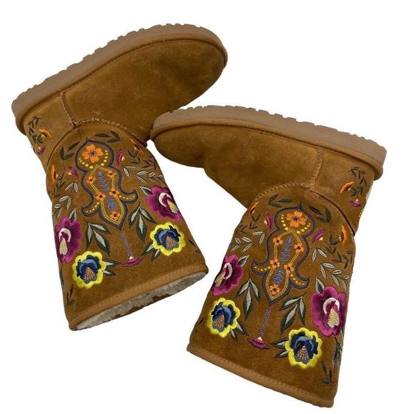 UGG Women's Juliette Embroidered Boots Chestnut Suede Brown Size 7 - Picture 3 of 11